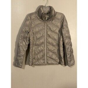 Michael Kors Womens Packable Down Fill Jacket Small Beige Puffer Chevron No Hood